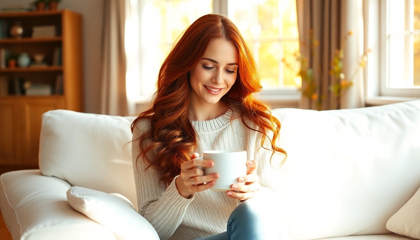 a woman sitting on a couch holding a cup