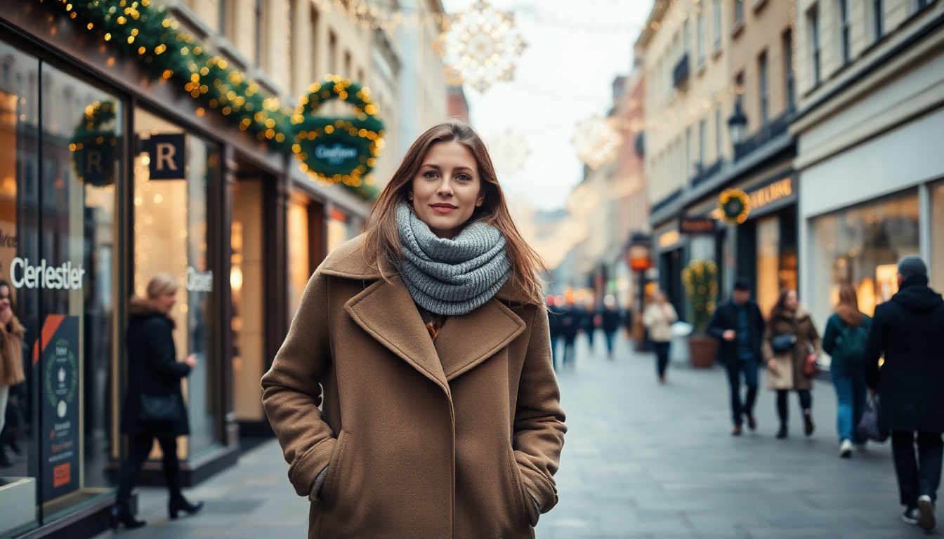 a woman in a brown coat is walking down the street